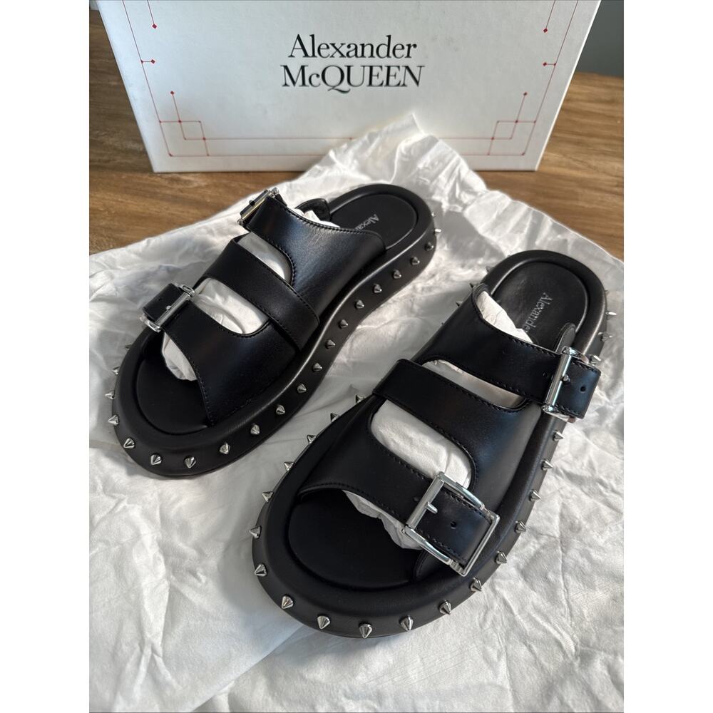 ALEXANDER MCQUEEN Leather Stud Buckle Slide Sandals Black EU39 RT$1250 - Picture 2 of 12
